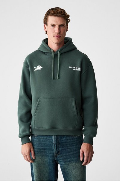 Blaise men's front and back Printed Hooded corded kangaroo pocket regular fit green sweatshirt