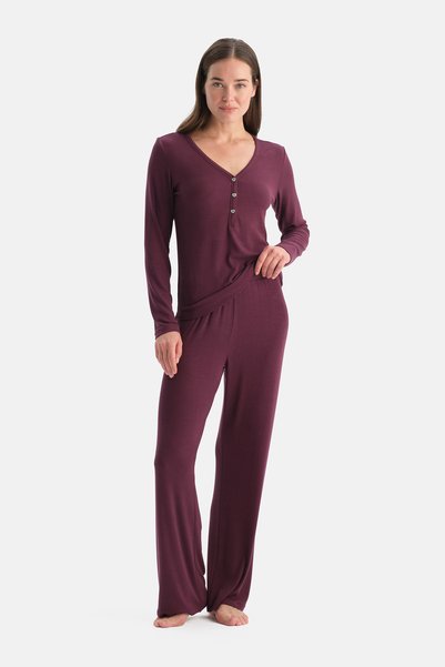 Mürdüm Viscose Ribbed Knit T-Shirt and Pants Set