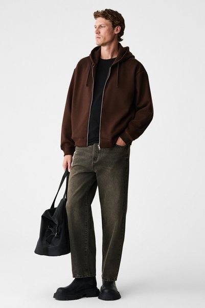 Ashby men's Hooded zippered pocket drawstring boxy fit dark brown sweatshirt
