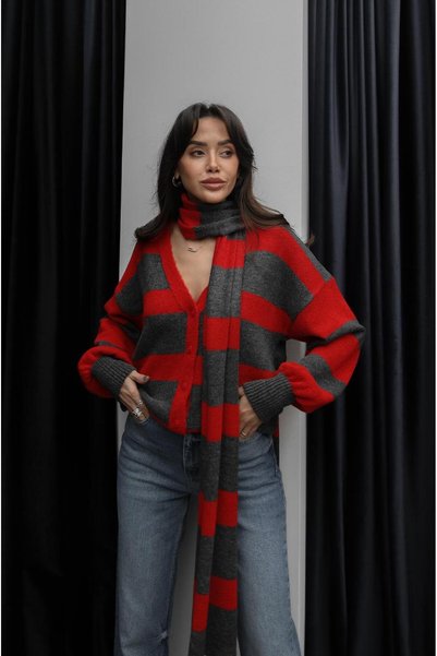 Red Striped V-Neck Cardigan with Scarf