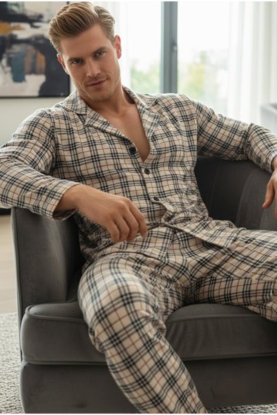 beige plaid 100% Cotton Knitted Buttoned Pajama Set 7985