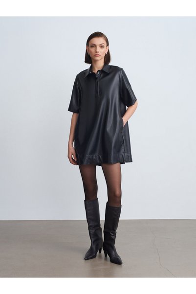 90934 Faux Leather Mini Shirt Dress-Black
