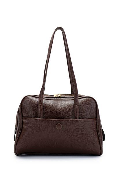 Leather Rocky Women's Shoulder Bag with Front Pocket Detail Brown