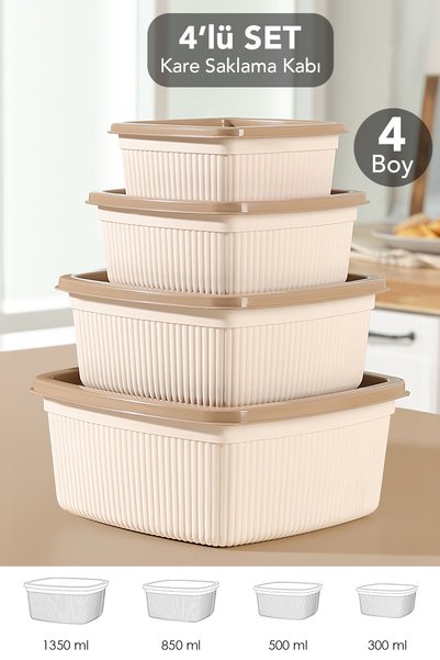 4-Piece Striped Square Storage Container Set - Microwave Safe Food Container 1.35L 0.85L 0.5L 0.3L Beige
