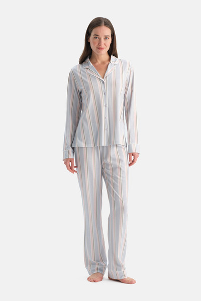 Light Blue Striped Cotton Modal Shirt Pajama Set