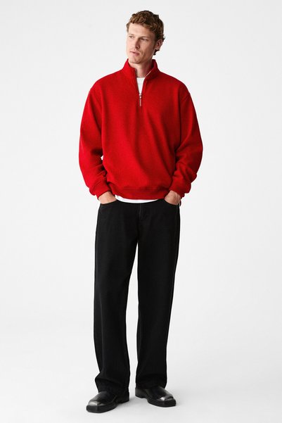 Velvety men's cotton fleece-lined d Mock Neck zip-up long sleeve regular fit red sweatshirt