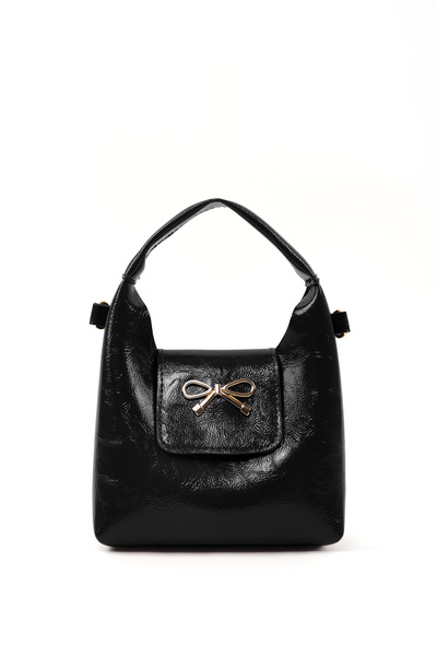 Crinkled Textured Black Shk214 Bow Detail, Single Compartment with Snap Fasteners, Crossbody Strap Hand, Arm and Shoulder Bag