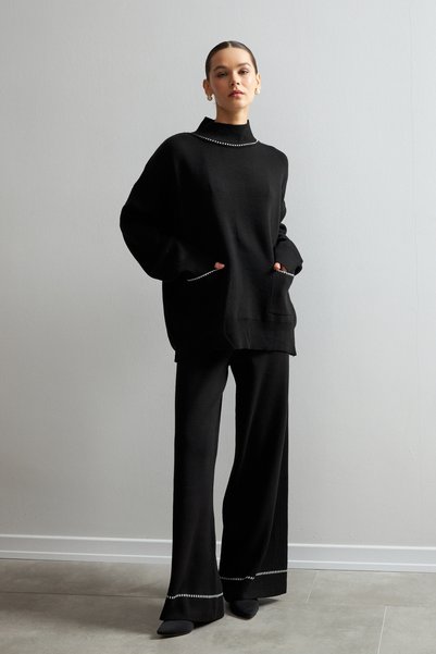 Women's Black Pocket Detailed Shepherd Stitch Cardigan Pants Bottom Top Knitwear Set