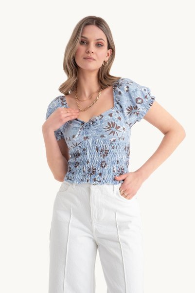 Floral Print Heart Neck Balloon Sleeve Top