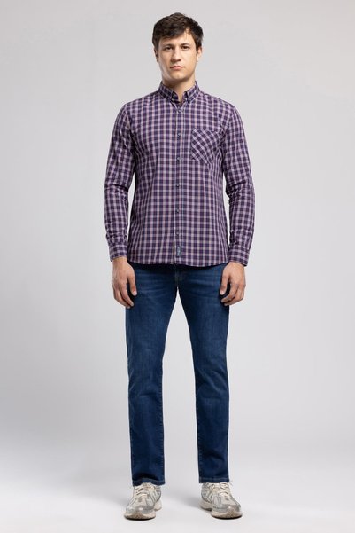 Pired 1 men's long sleeve plaid shirt navy blue burgundy