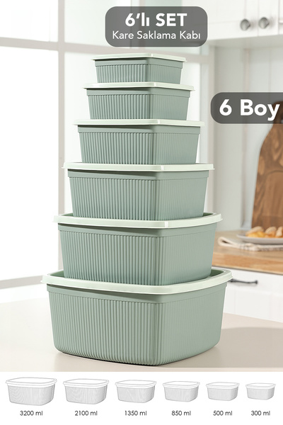 Set of 6 Striped Square Storage Containers - Microwave Safe Organizer Food Container 6 Sizes Green