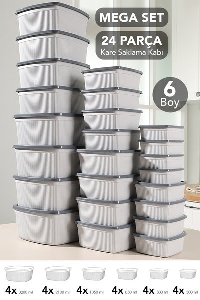 Set of 24 Striped Square Storage Containers - Microwave-Safe Organizer Pantry Food Container 6 Sizes Gray