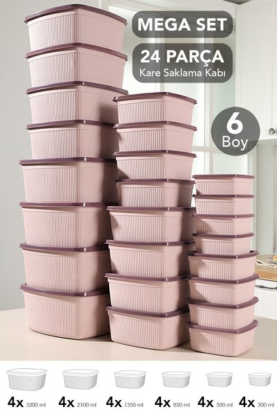 24-Piece Striped Square Storage Container Set - Microwave-Safe Organizer Pantry Food Container 6 Sizes Pink