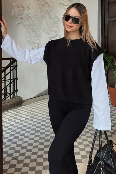 Black Crew Neck White Sleeve Paneled Women's Crop Sweat