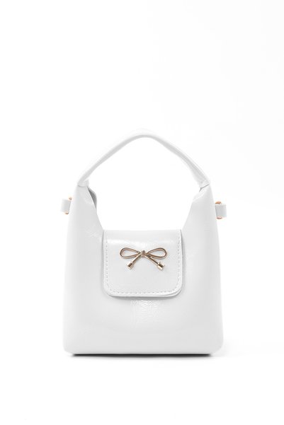 Wrinkled Textured White Shk214 Bow Detail, Single Compartment with Snap Fasteners, Crossbody Strap Hand, Arm and Shoulder Bag