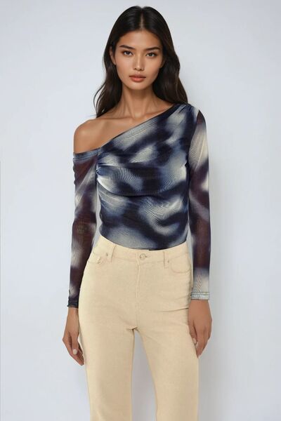 Asymmetrical Neckline Lined Tulle Blouse