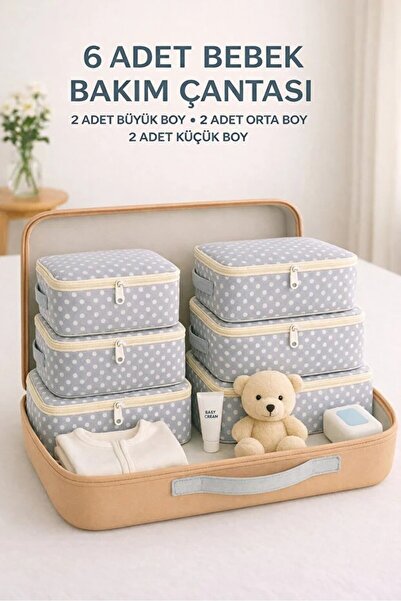 Сет од 6 парчиња торба за породување/излез од болница – сет за нега на бебе и торба - сива со точки