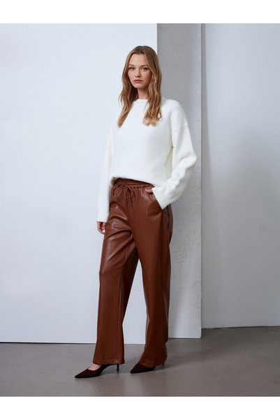 72230 Elastic Waist Faux Leather Trousers - Caramel