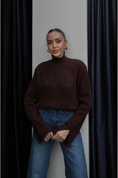 Brown Sleeves Slit Half Fisherman Sweater