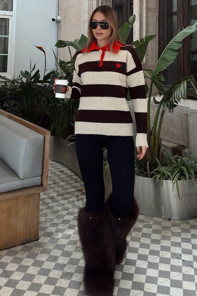 Brown Polo Collar Paneled Thick Striped Heart Embroidered Women's Knitwear Sweater