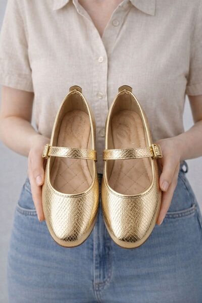 Gold Patent Leather Mary Jane Ballet Flats Stylish Buckle Comfortable Sole Casual Shoes Byndlck01