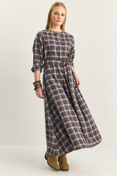 Women's Brown Blue Plaid Patterned Crew Neck Belted Flared Cotton Dress 5611 60283899
