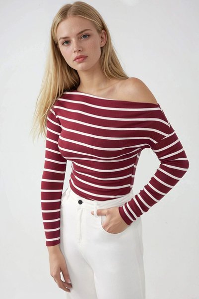 Boat Neck Stretchy Striped Fitted Blouse
