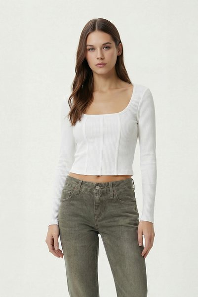 Piped Detail Crop Corded Fabric Knitted Blouse Lze0008 Ekru