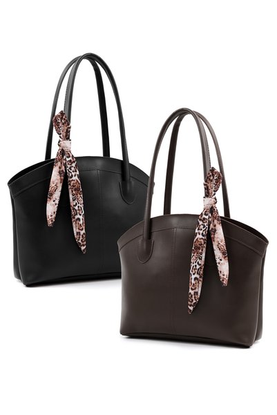 Black / Brown Shk296 Faux Leather Zippered Single Compartment, 2-Piece Hand, Arm and Shoulder Bag Set (Shk274)