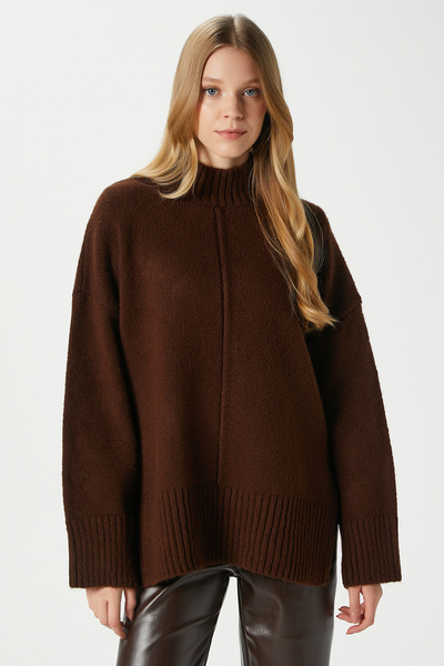 Women's Wonder Soft Mock Neck Brown Slit Oversized Knitwear Sweater