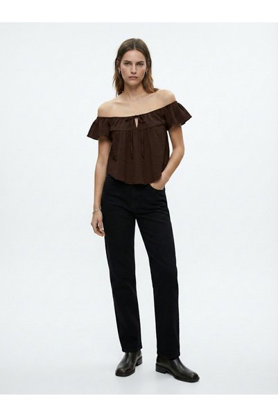 Off-The-Shoulder Gathered Front Basic Brown Tank Top