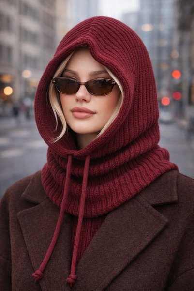 Women's Burgundy Knitwear Knitted Balaclava Beanie Hooded Neck Collar Hat