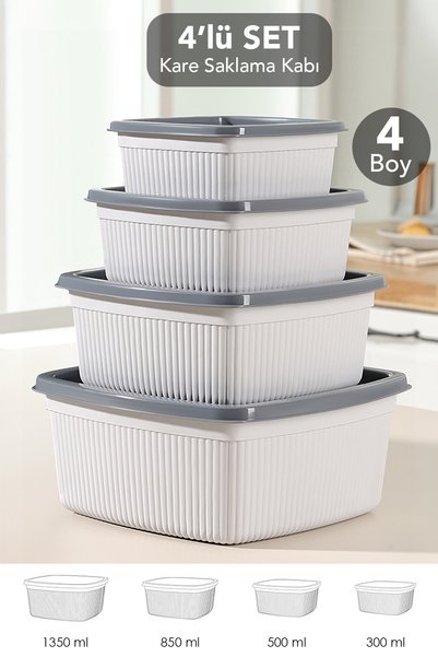 Set of 4 Striped Square Storage Containers - Microwave Safe Food Containers 1.35L 0.85L 0.5L 0.3L Gray