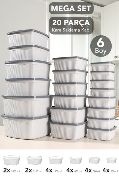 Set of 20 Striped Square Storage Containers - 6 Sizes Microwave Safe Organizer Food Container Gray