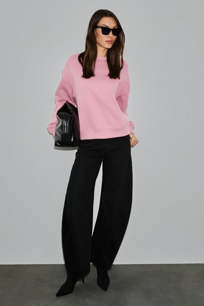 Serenya Women's Cotton Label Detailed Crew Neck Pink Sweatshirt