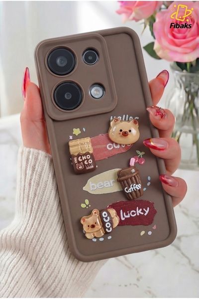 Redmi Note 13 Pro 4g Case Camera Protected Colorful Soft Silicone Cover with Teddy Bear Coffee Figure