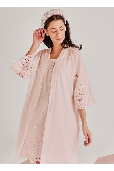 Embroidered Three-Quarter Sleeve Short Women's Dressing Gown - 46108