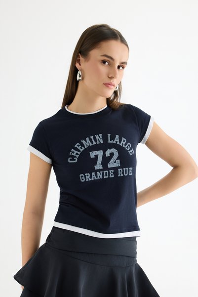Yazı Printed Reglan Paneled T-Shirt Navy Blue