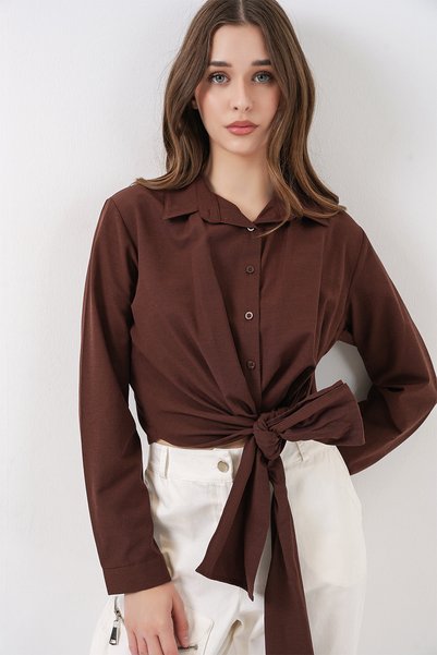 Women's Tie-Up Long Sleeve Shirt 20325 - Brown