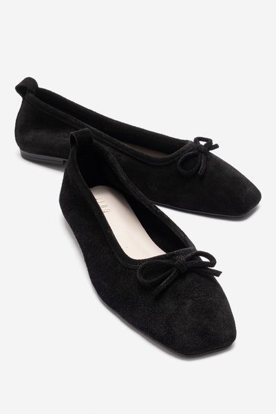 Sosa Black Suede Genuine Leather Blunt Toe Bowknot Women's Ballerina Shoes