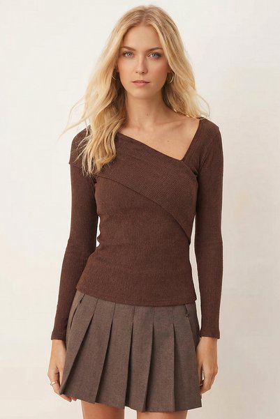 Women's Coffee Asymmetrical Collar Long Sleeve Blouse Arm-26K001092