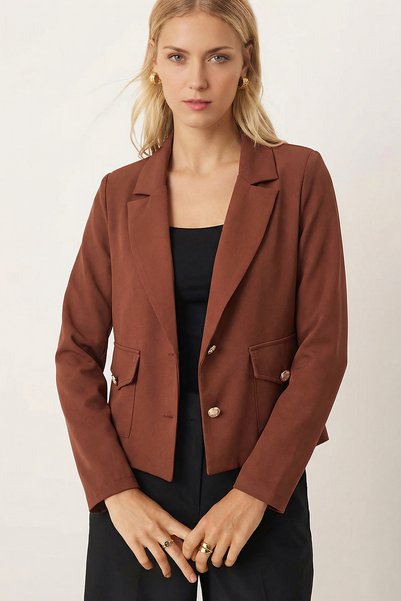 Women's Dark Brown Men's Collar Square Pocket Crop Jacket Arm-26K001026