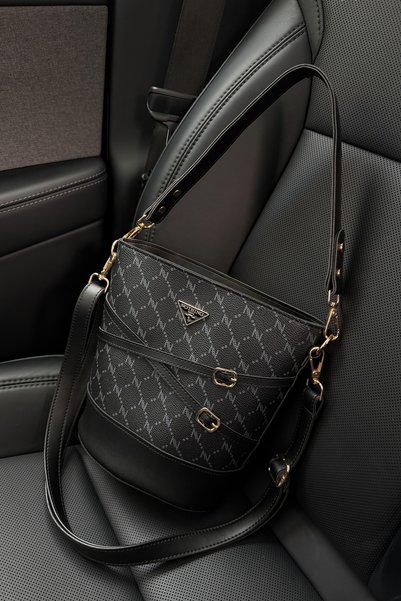 Women's Monogram Black Belt Detailed Bucket Model Shoulder and Crossbody Bag Carla