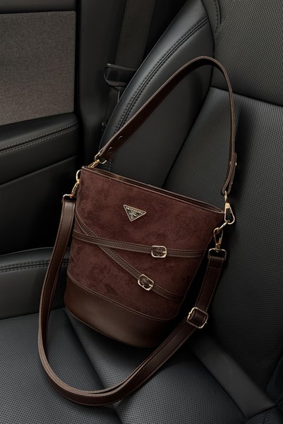 Women's Brown Suede Belt Detail Bucket-Style Hand, Shoulder and Crossbody Bag Carla