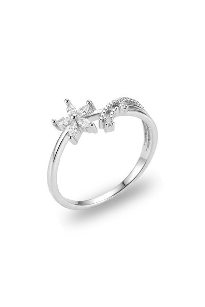 925 Sterling Silver Ring Rhodium Plated Sparkling Zircon Stone Elegant Lotus Flower Ring