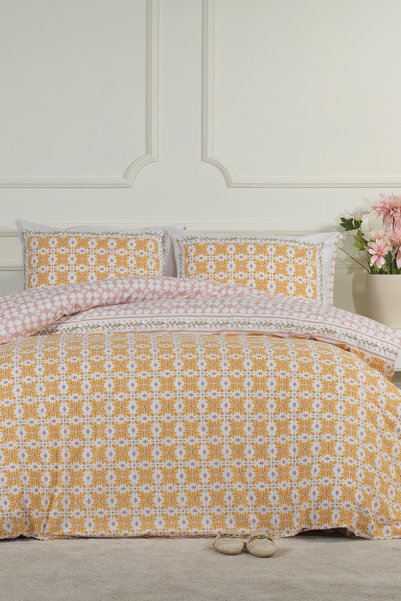 Amanda Duvet Cover Set Single Size 100% Cotton Ranforce Fitted Sheet (160X220 cm) Yellow