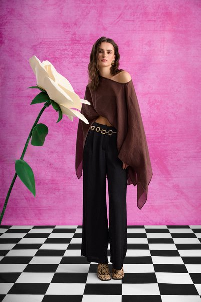 Scarf Poncho Blouse Brown