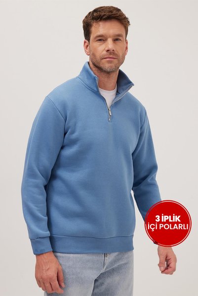 Unisex Relax Fit Comfortable Cut Cotton Fleece Inside Half Zipper Petrol Blue Stand Collar Sweatshirt
