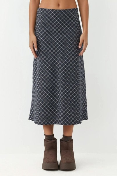 Zippered Midi A-Line Plaid Skirt