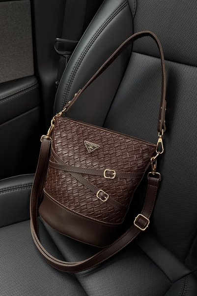 Women's Braided Brown Belt Detailed Bucket Model Hand Shoulder and Crossbody Bag Carla